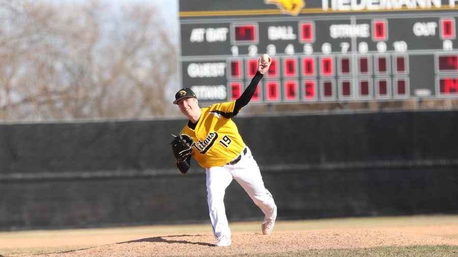 Courtesy of UWO Baseball Twitter
Brinkman pitches in a game where he went six innings, struck out 10 batters and gave up two earned runs in 16-5 blowout over Finlandia University on April 15.