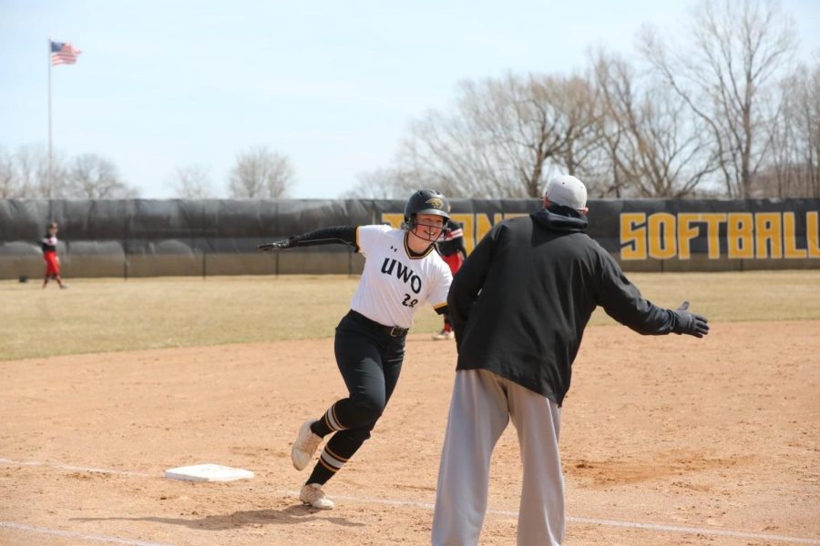 Courtesy of Hannah Ritter
Hannah runs to home base while playing against UW-River Falls. Against UWRF, UWO won 17-0 and 9-1 with her scoring four of the runs.