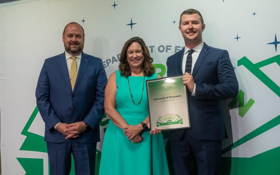 Courtesy of UWO Flickr — Chancellor Leavitt, Deputy Secretary of the Department of Education Cindy Martin and UWP Sustainability Director Brad Spanbauer accept Green Ribbon Schools award.