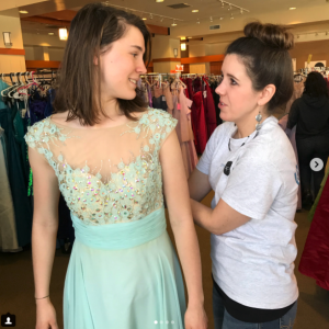 Photos: Courtesy Jeni Asaba — Jeni Asaba helps a high school student find the perfect dress for prom. Since beginning Project Prom, Asaba has given out more than 3,000 free dresses.