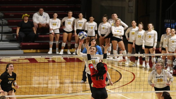 Courtesy of UWO Athletics-- Riley Kindt attacks the ball during UWO’s match against Otterbein University. Kindt had 10 kills against the Cardinals in Friday’s 3-2 loss in Michigan.