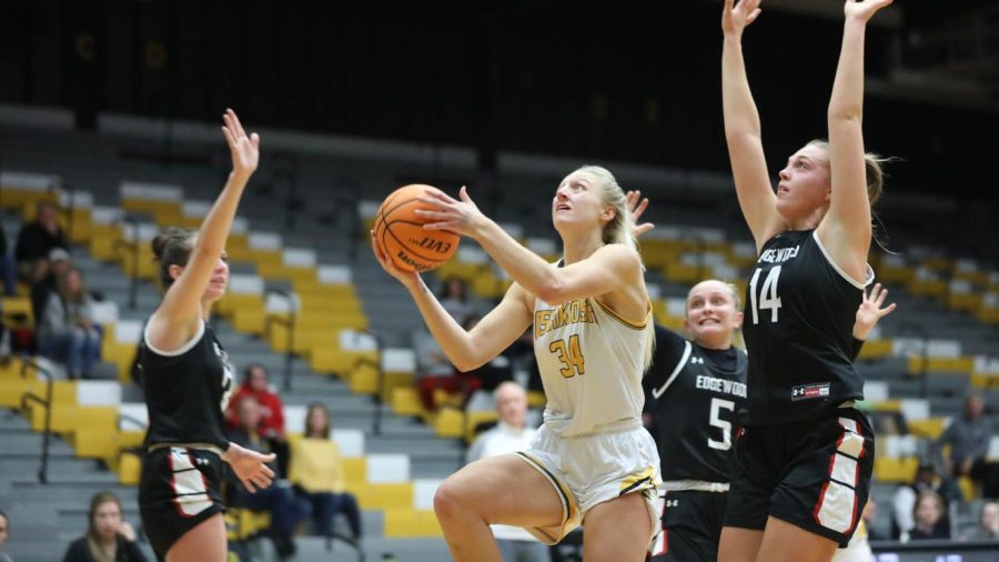 Courtesy+of+UWO+athletics+--+Kayce+Vaile+goes+in+for+a+layup+against+Edgewood+College+on+Nov.+15.+