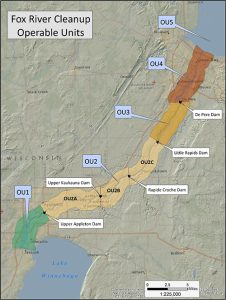 Courtesy of Wisconsin DNR — A map shows the various Operable Units (OUs) along the Fox River and the bay of Green Bay.
