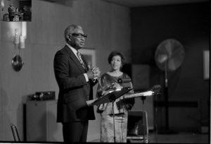 Courtesy UWO Archives — Actor and Writer Ossie Davis and Ruby Dee on the UWO campus in 1984 for what was then called Black Emphasis Week. Dee was an American actress and social activist known for her pioneering work in African American theater and film and for her outspoken civil rights activism.
