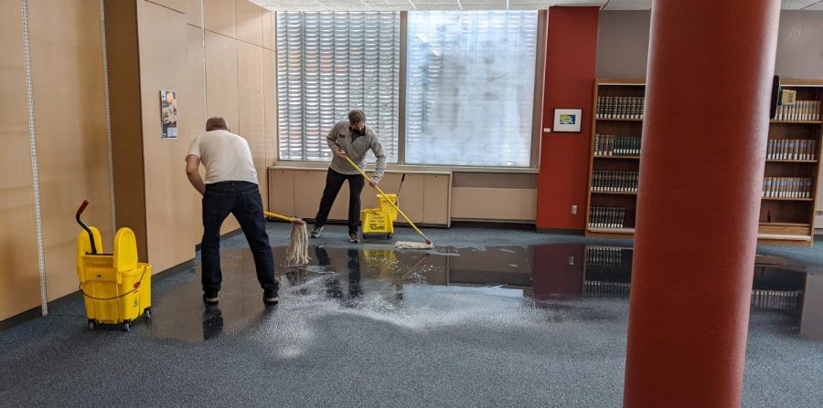 Photo courtesy of Polk Library - As staff were getting ready to host Titan Nights in Polk Library in February 2022, the heating and air conditioning vent sprung a leak, spewing steaming hot water across the carpet and setting off the fire alarm. Water was even pouring out of the building. 