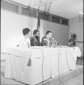 Courtesy UWO Archives — Myrlie Evers, left, an American civil rights activist and journalist, worked for over three decades to seek justice for the 1963 murder of her husband Medgar Evers, another civil rights activist. She took part in a press conference at UWO.