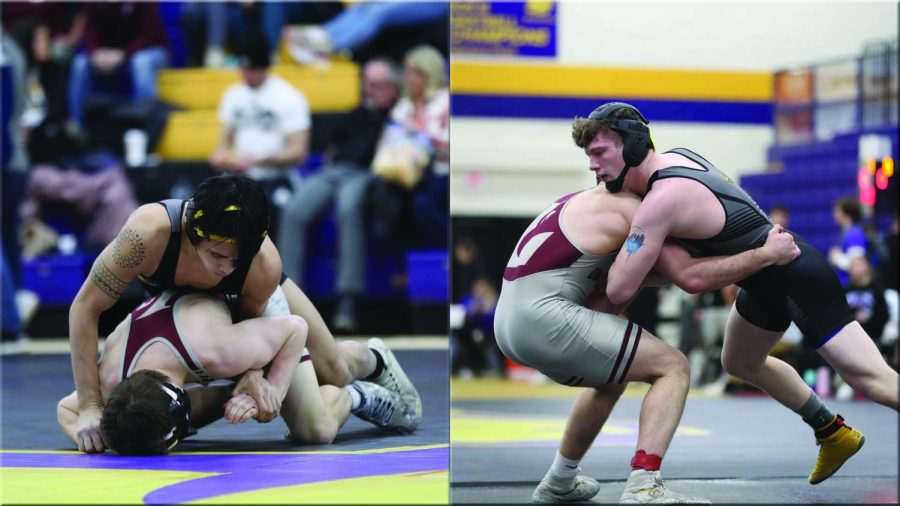 Courtesy of UWO Athletics / Wrestlers Valdez (left) and Yineman (right) placed first in WIAC. 
