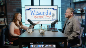 Courtesy of Podco Podcast Company - Jennifer Stone (Harper Finkle) and David DeLuise (Jerry Russo) talk together on their podcast, which they started in February. 
