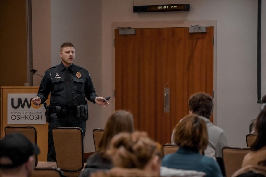 Willem Flaugher - Chief of the UWO police department Chris Tarmann presents to UWO students on what to do in the event of a school shooting.