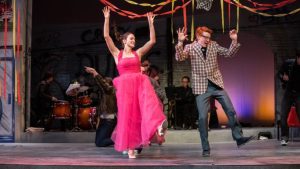 Luke Meister and Katelyn Lent dance to “Born to Hand Jive” during UWO’s fall performance of “Grease,” which was the first musical
performance at UWO since COVID-19 shut down the campus. 