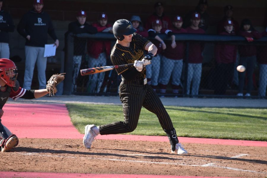Courtesy of Matt Scherrman -- Matt Scherrman hits the ball against the Rose-Hulman Institue of Technology on March 19. Scherrman has hit over .320 in each of his last two seasons and is currently hitting .434.
