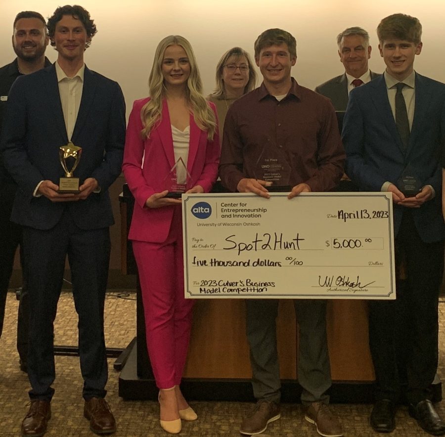 Josh Lehner / Advance-Titan
Award-winners pose with their trophies after winning the Culver’s Business Model Competition. Finalists split $30,000 in prizes. 