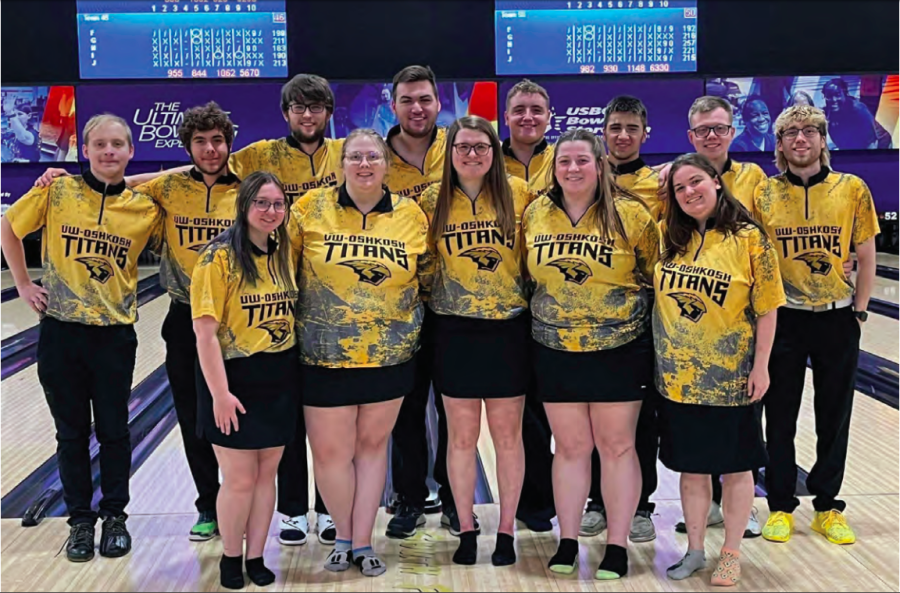 Courtesy of Matthew Steffen - UW Oshkosh Bowling Club takes a group photo at the bowling lanes after a competition. The team competes in events across the Midwest
and in Las Vegas.