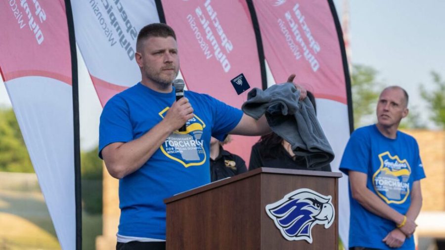 Courtesy of UW Oshkosh -- Chris Tarmann, acting chief of the UWO police department, speaks at the Opening Ceremony of Special Olympics Wisconsin’s Summer Games at UW-Whitewater.
