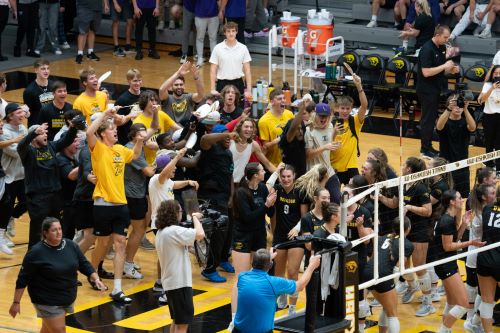 Willem Flaugher / Advance-Titan // UWO volleyball broke Kolf ’s volleyball attendance record by more than 300% at the game against UW-Stevens Point on Sept. 26. UWO fans celebrated the win by storming the court for the undefeated team.