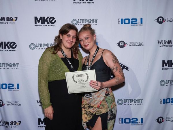 Courtesy of the RTF Department - Lauren Terrill (left) and Megan Kitzman (right) accept the award
for best script at the Milwaukee short film festival.