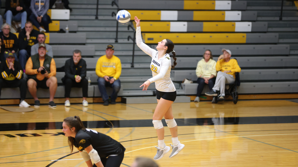 Courtesy of UWO Athletics -- Izzy Coon serves the ball in UWOs win Nov. 17. Coon recorded 11 assists and six services aces in the Titans sweep of Gustavus Adolphus in the second round of the NCAA Tournament.