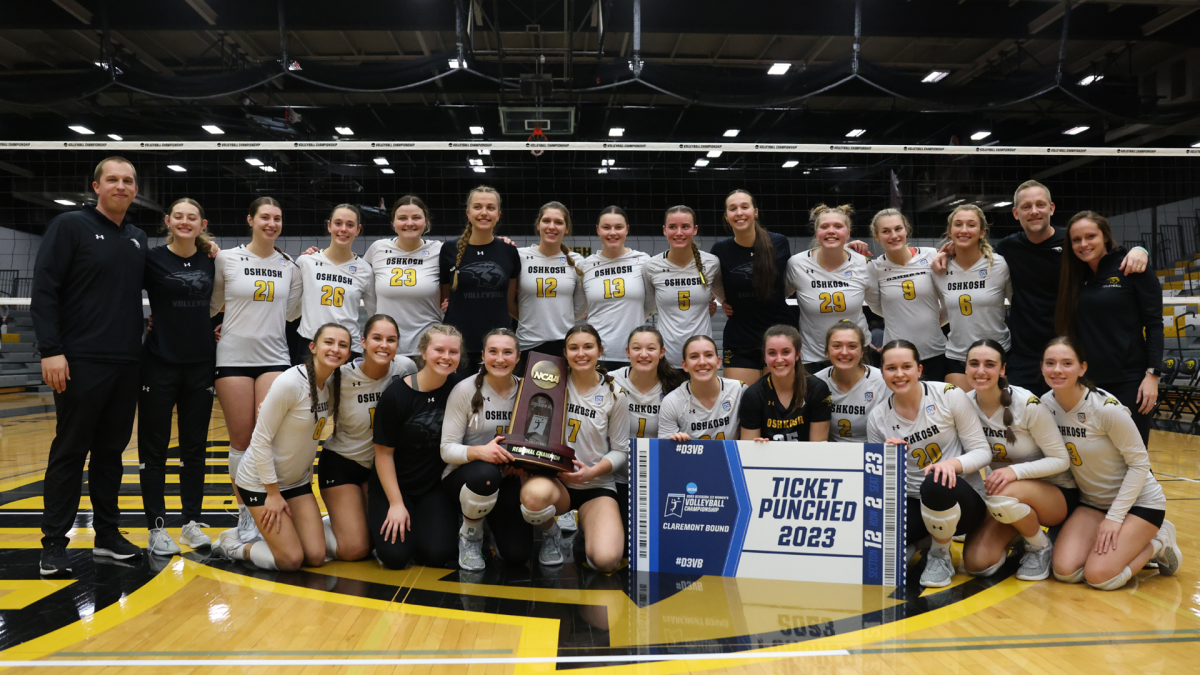Courtesy of UWO Athletics -- The UW Oshkosh womens volleyball team celebrates after its Sweet 16 victory. UWO is advancing to the NCAA quarterfinal for the first time since 2009.