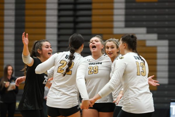 Morgan Feltz / Advance-Titan -- The UWO volleyball team celebrates after defeating Alverno College in a match earlier this season at the Kolf Sports Center.