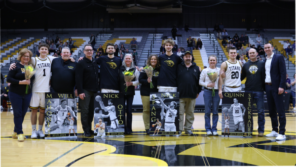 Courtesy of UWO Athletics -- UWO seniors Will Mahoney, Nick Otto, Nick Spang, and Quinn Steckbauer were recognized before the game as the 2024 graduating class.