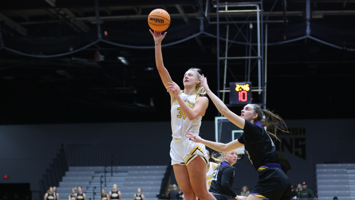Courtesy of UWO Athletics -- UWOs Kayce Vaile goes in for a layup against UW-Stevens Point in a game earlier this season at the Kolf Sports Center.