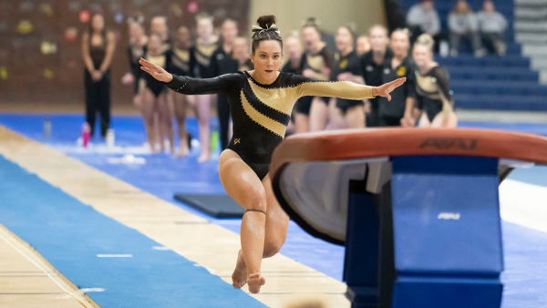 Courtesy of Bill Hoepner -- UWOs Emily Buffington scored 38.475 all-around points, including a career-best 9.775 on the balance beam in the Titans win over Eau Claire.