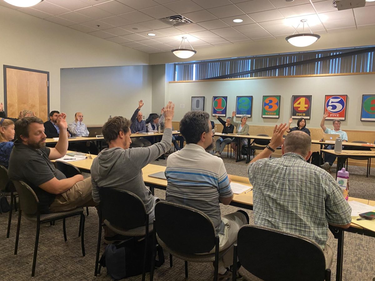 Kelly Hueckman / Advance-Titan
UWO faculty senators vote in favor of officially supporting an outline of requests for Chancellor Leavitt and Provost Martini in a meeting held in September 2023.