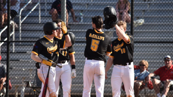Courtesy of UWO Athletics
Jack McKellips celebrates with his teammates after hitting a home run in the win versus Saint Mary’s.
