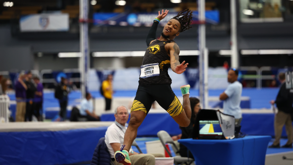 Courtesy of UWO Athletics 
Londyn Little jumps for fourth place in the long jump at the NCAA Division III Indoor Championship. Little became an All-American in two events at the championship.