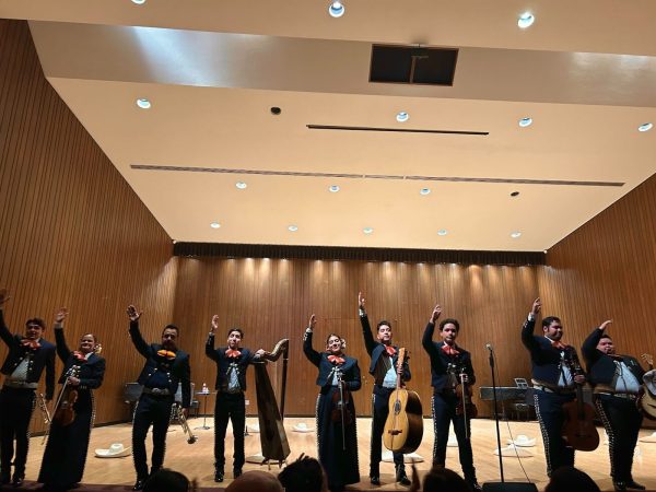 Olivia Porter / Advance-Titan
The Mariachi Ensemble from the University of Texas at Austin, Mariachi Paredes de Tejastitlán, finishes performing in the UW Oshkosh Music Hall on March 14.