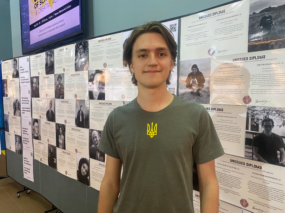Kelly Hueckman / Advance-Titan
Vladyslav Plyaka is a Ukrainian student at UWO created an exhibit which showcases 40 Ukrainian students who were unable to graduate due to the war.