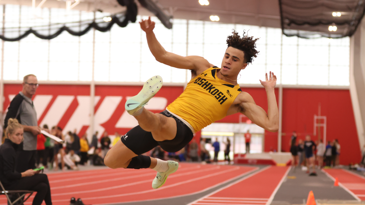 Courtesy of UWO Athletics
Joshua Rivers leaps for his previous program long jump record he set in 2023 at the Ripon College.
