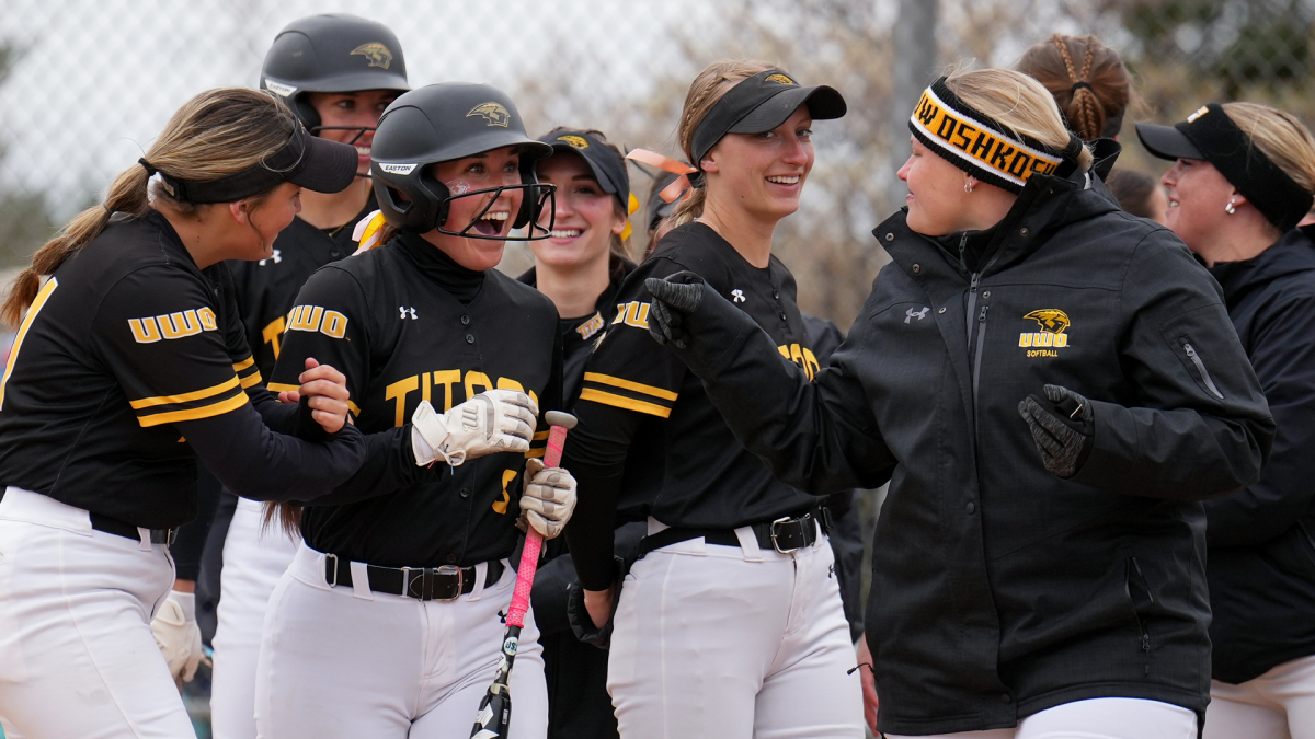 Courtesy of UWO Athletics -- The UWO softball team celebrates after sweeping the doubleheader against UW-Platteville May 1. UWO earned the No. 1 seed in the WIAC tournament with the win.