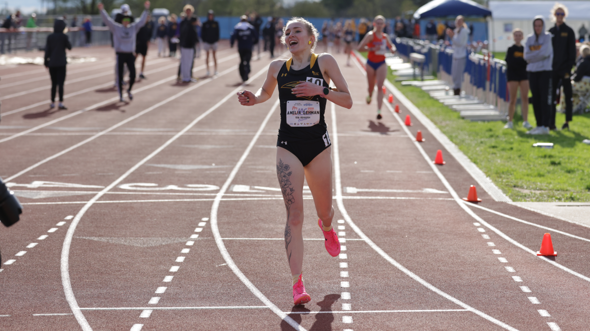 Courtesy of UWO Athletics
Amelia Lehman runs for one of her event wins at the the WIAC outdoor championships.