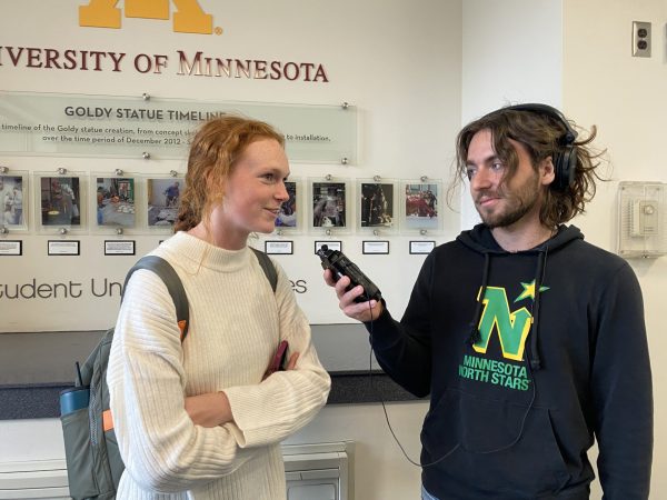 Owen Larsen / Advance-Titan
Sports Editor Owen Larsen interviews a University of Minnesota student for a story in Fall 2022.
Larsen will graduate from UWO on May 18.