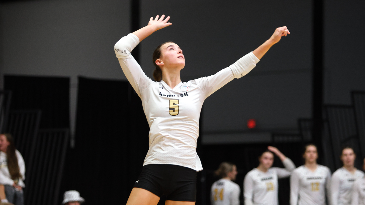 Courtesy of UWO Athletics — UWO’s Sami Perlberg serves the ball during a match at the Kolf Sports Center last season.