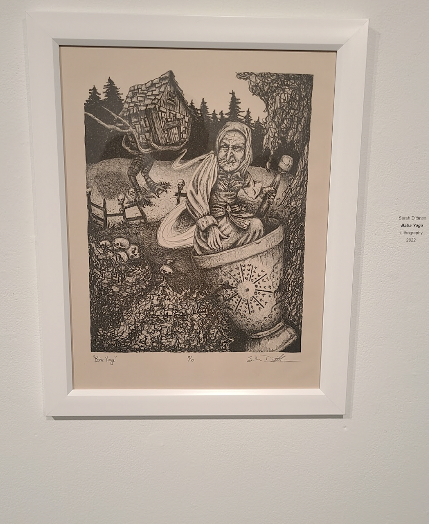 Professor Sarah Dittmann pulls inspiration from her Czech and Slavic roots to her drawing, “Baba Yaga Lithography”.