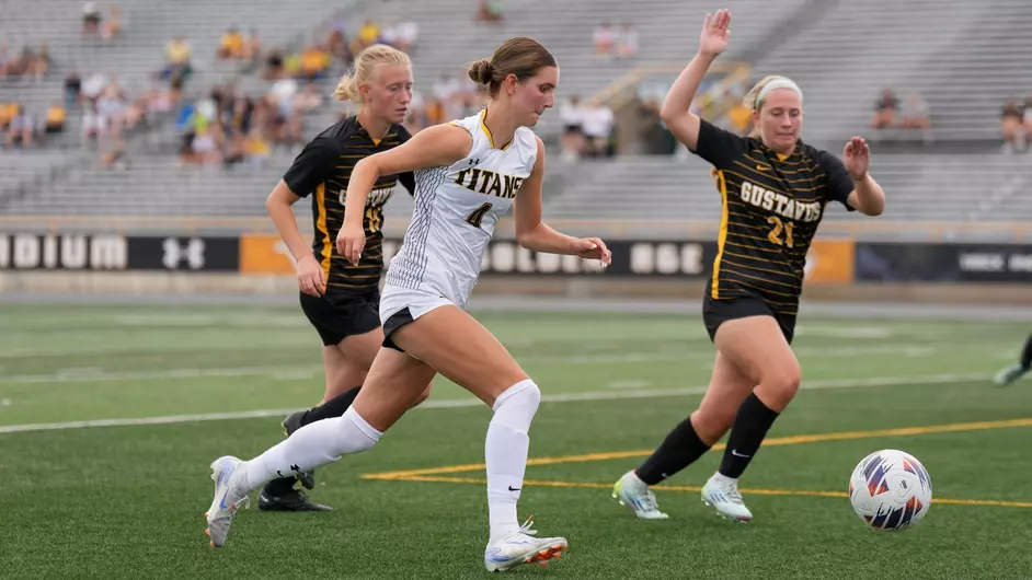 Courtesy of UWO Athletics -- UWO's Laney Wiebel dribbles past a defender in a game earlier this season at Titan Stadium.
