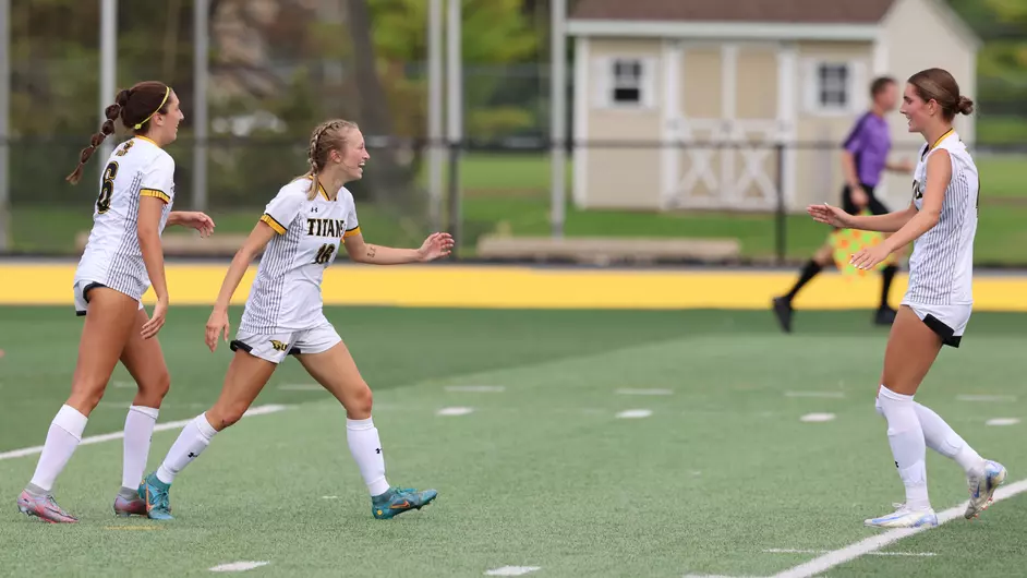 Courtesy of UWO Athletics -- The Titans celebrate after a goal in UWO's 2-2 draw with Gustavus Adolphus.