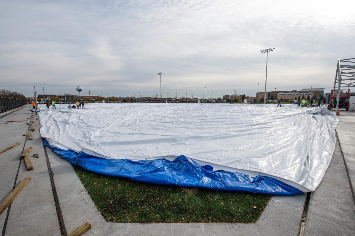 Construction crews instal the $7.2 million Student Rec Plex dome in 2018 on Osceola Street.
