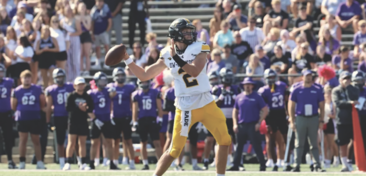 UWO quarterback Cole Warren (2) attempts a pass against the UW-Whitewater Warhawks on Saturday, Oct. 5 at Forrest Perkins Stadium.