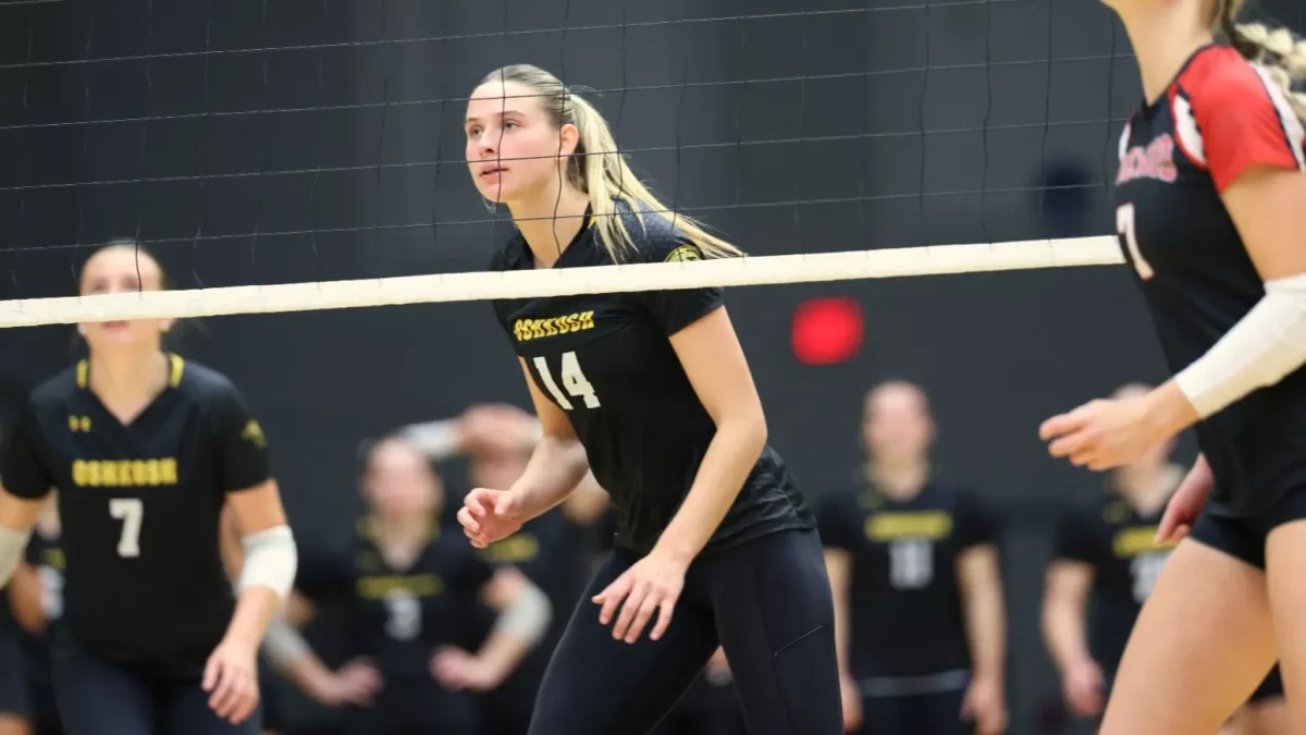 UWO’s Lauren Grier (14) recorded 10 blocks during the Titans’ home triangular against Edgewood and Carthage Oct. 1.