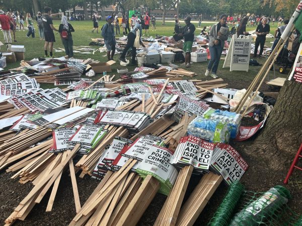 Hundreds of pro-Palestine picket signs lay out as protestors prepare to denounce Kamala Harris just blocks away from the 2024 Democratic National Convention in Chicago.