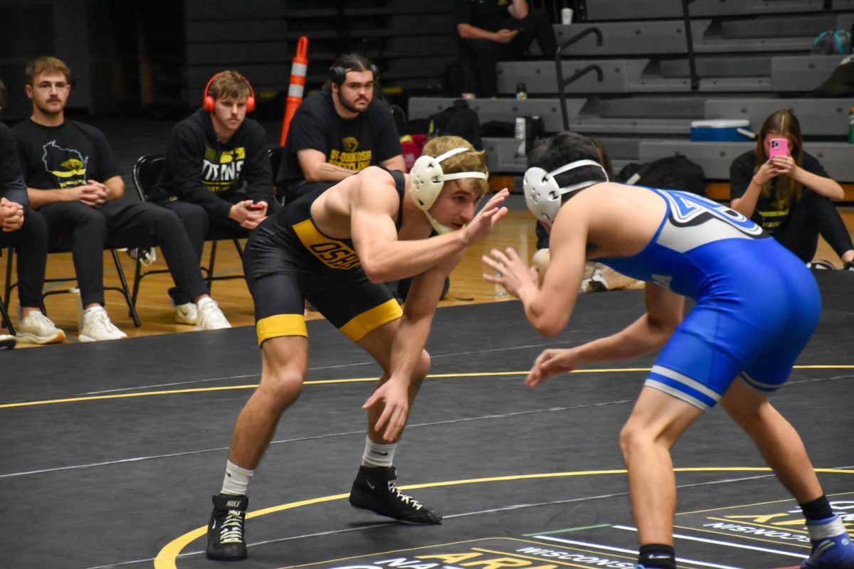 Isaac Pischer / Advance-Titan -- UWO wrestler Andrew Schad takes on an opponent earlier this season at the Kolf Sports Center.