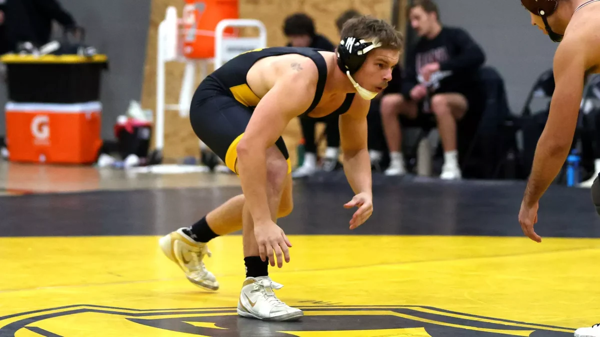 UWO’s Kyle Rasper competes in an event during a past meet this season at Kolf Sports Center.
