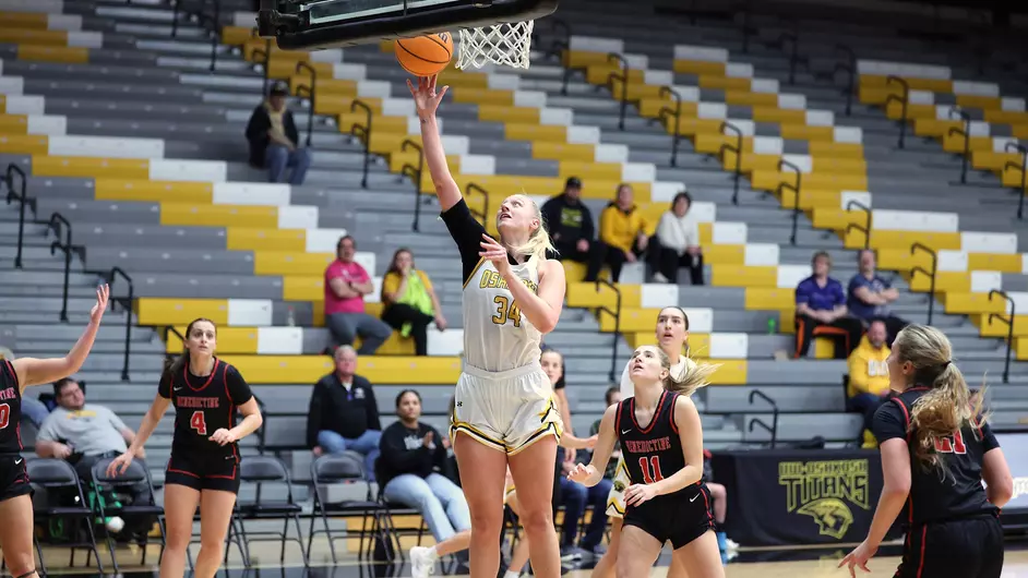 Courtesy of Steve Frommell / UWO Athletics -- UWO's Kayce Vaile puts up a layup against Benedictine University (Illinois) earlier this season at the Kolf Sports Center.