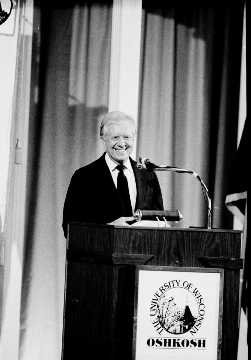 Courtesy of UWO Achieves -- Former President Jimmy Carter speaks at Kolf Sports Center in an April, 1987 visit. Carter passed away on Dec. 29 at 100 years of age at his home in Plains, Georgia.
