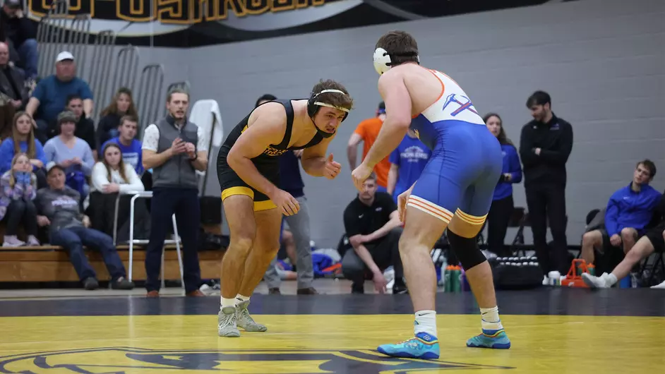 Courtesy of Steve Frommell / UWO Athletics -- Oshkosh's Roman Martell wrestles in a meet earlier this season at the Kolf Sports Center.