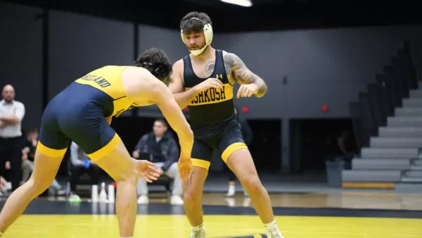 Courtesy of Steve Frommell / UWO Athletics -- Gage Coppock wrestles against Lakeland at the Kolf Sports Center Friday.