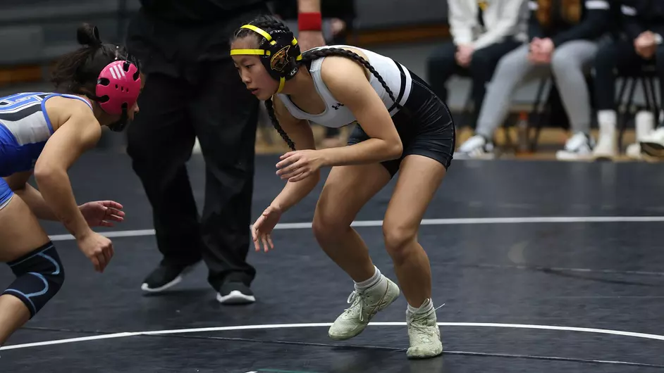 Courtesy of Steve Frommell / UWO Athletics -- Oshkosh's Myra Bair wrestles in a match earlier this season.